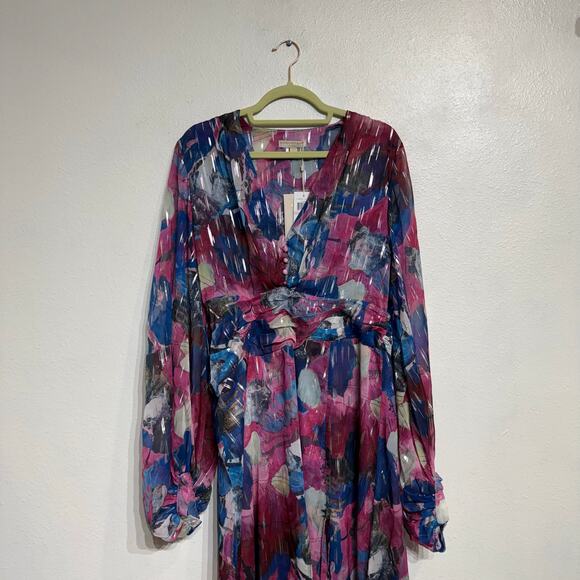 Adrienne Landau Floral Watercolor Draped High Slit Deep V Maxi Gown Sz 12 NWT - Picture 4 of 14